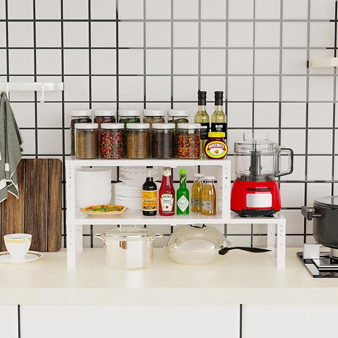 Expandable Stackable Spice Rack Organizer for Kitchen Cabinet,Adjustable Counter Shelf, countertop, Pantry,Cupboard,Bathroom,Bedroom(1Pack/White/Large)