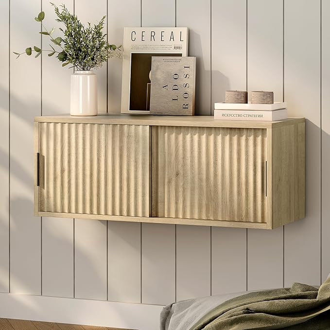 Fluted Floating Nightstand Set of 2 Modern Large TV Stands Wall Mounted Bedside Tables with Sliding Doors Storage Cabinet for Living Room, Bedroom Light Oak