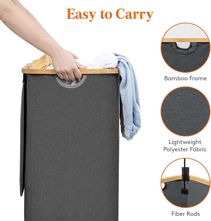 Lifewit 80L Laundry Basket with Lid, Clothes Hampers for Laundry with Bamboo Handles and A Removable Laundry Bag, Large Foldable Laundry Hamper for Bedroom, Bathroom, Dorm, Laundry Room, Dark Gray