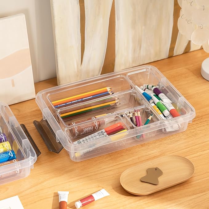 Citylife 4PCS Plastic Storage Bins with Organizer Tray, Stackable Clear File Box, Versatile Craft Storage for Office, Kitchen, Bathroom and School Supplies, 24-pack