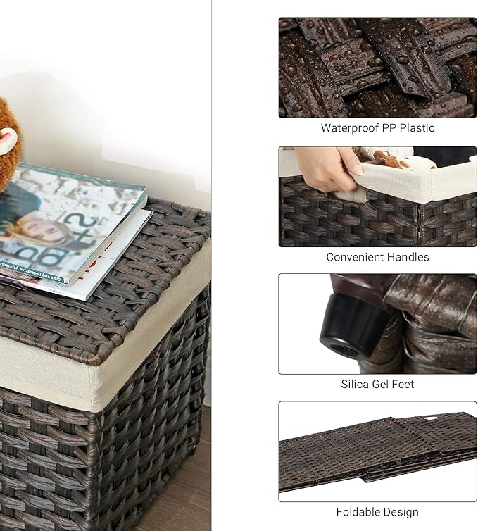 SONGMICS Storage Basket with Lid, Woven Blanket Storage Bin with Handles, Foldable, Removable Liner, Metal Frame, for Bedroom, Laundry Room, 17.2 Gallons (65 L), Brown URST56BR