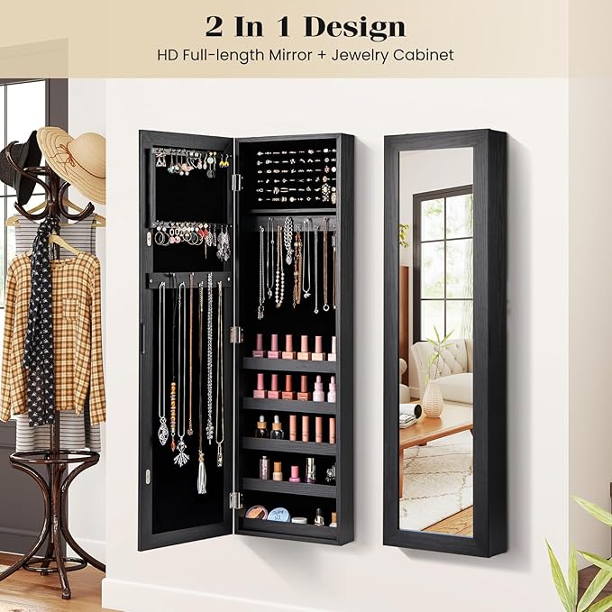 Giantex Wall or Door Mounted Jewelry Cabinet with Full Length Mirror, Over The Door Jewelry Armoire Organizer, Hanging Storage Cabinet with Necklace Hooks, Earring Slots, Ring Slots & Shelves (Black)