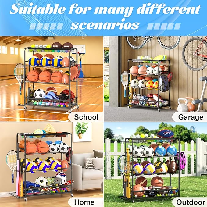 Garage Sports Equipment Organizer,Sports Ball Organizer with Wheels,Basket,Ball Organizer with Baseball Bat Rack and HooksToy Storage Rolling Cart-Black