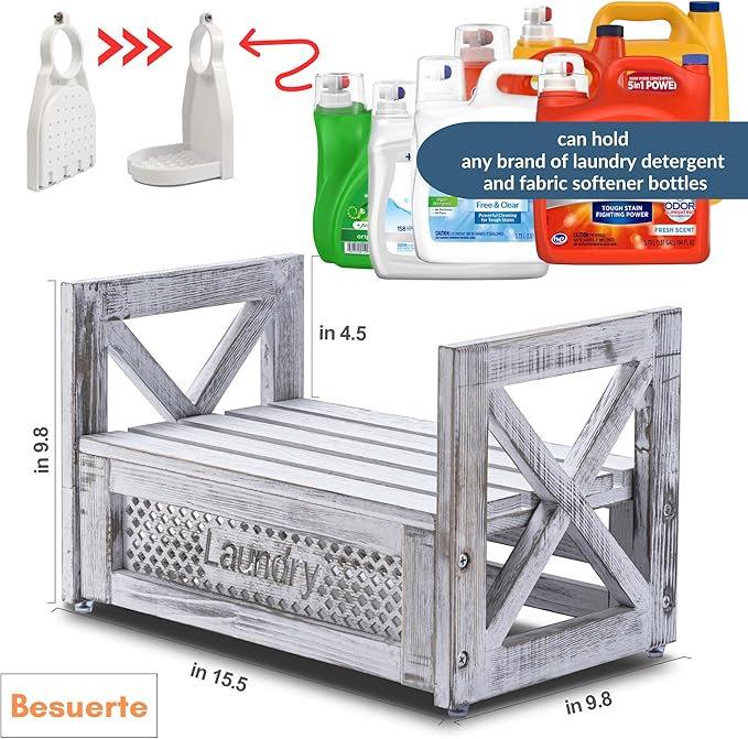 Besuerte Farmhouse Laundry Detergent Holder – Wooden Laundry Soap Organizer and Dispenser, Storage Shelf for Liquid Detergent & Fabric Softener Tubs, Rustic White