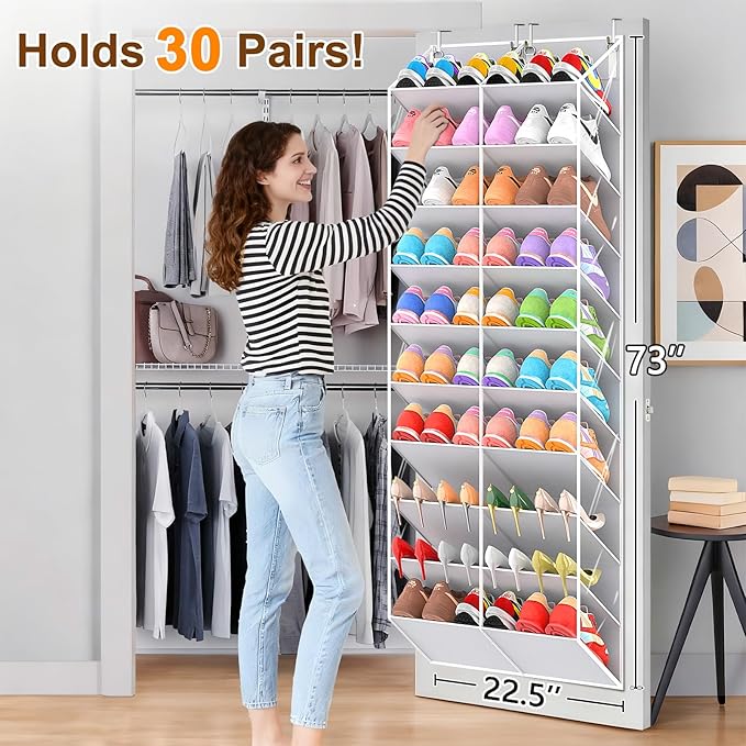 30 Pairs Over the Door Shoe Organizer, Clear Pockets Hanging Shoe Storage for Closet, 10-Tier Door Shoes Rack Storage Fit All the Family's Sneakers, Boots, Heels, Light Grey