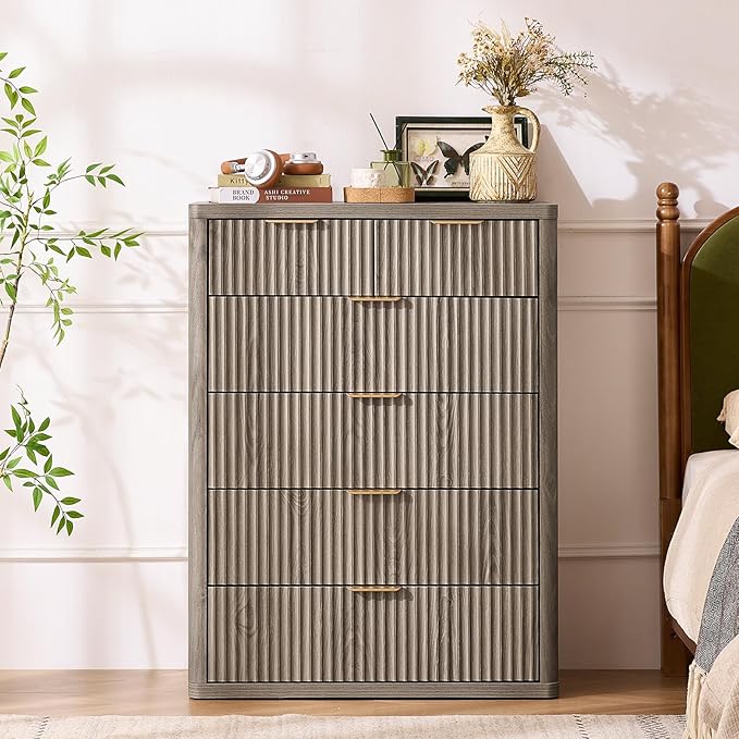 LEYAOYAO Fluted 6 Drawers Dresser for Bedroom, 42" Tall Modern Chest of Drawers with Metal Handle, Curved Profile Design,Grey Wood Drawer Organizer for Bedroom, Living Room, Hallway, Entryway