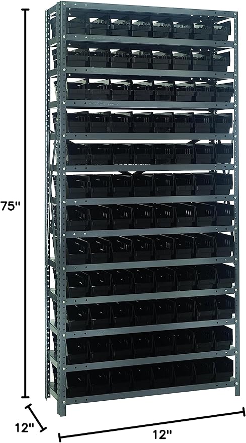 Quantum Storage Systems 1275-101BK Solid Heavy Duty 13 Shelves 96 Economy Black Bins 75" H x 36" W x 12" D