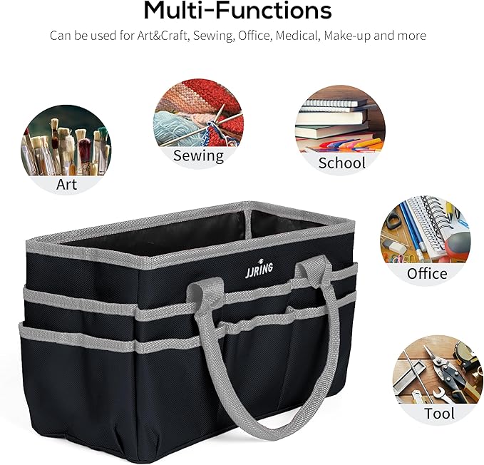 Jjring Craft and Art Organizer Tote Bag - 600D Silver Nylon Fabric Art Caddy with Pockets - for Art, Craft, Sewing, Medical, and Office Supplies Storage