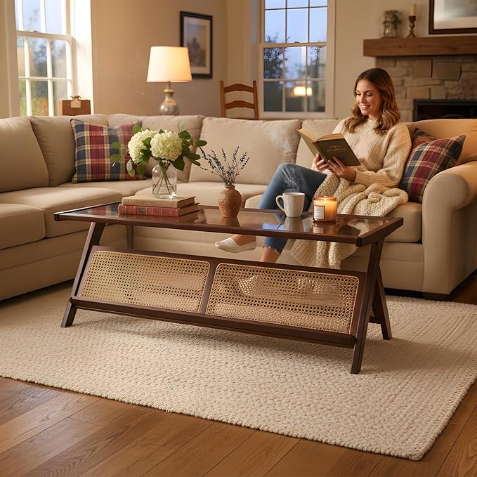 Tiita Rattan Coffee Table, Bamboo Accent Bedside Tables, Glass Nightstand Side Table, Boho Wooden End Table with Storage for Living Room,Living Room, Dining Room, Tea, Home Décor