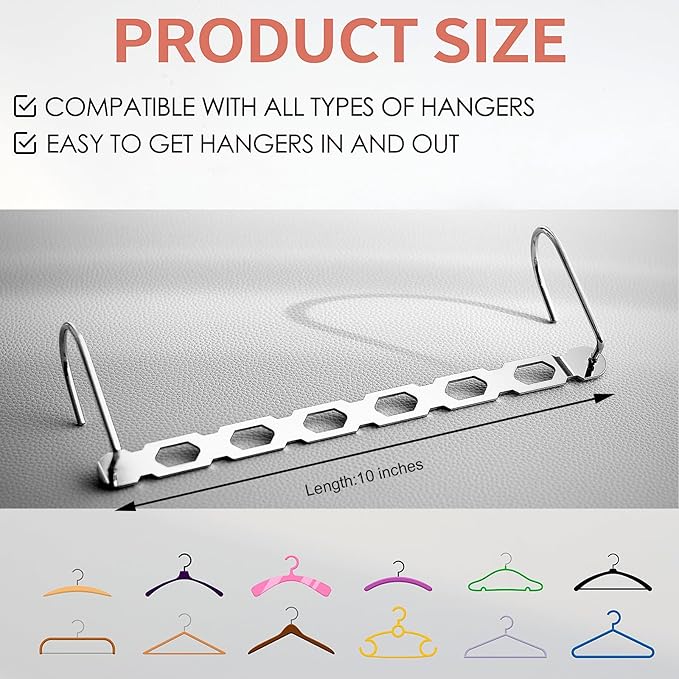 Space Saving Hangers for Clothes, 10 Pack Hanger Organizer Space Saver, Magic Metal Collapsible Closet Organizers, Multiple Hangers in One, College Dorm Room Essentials (V2.0)