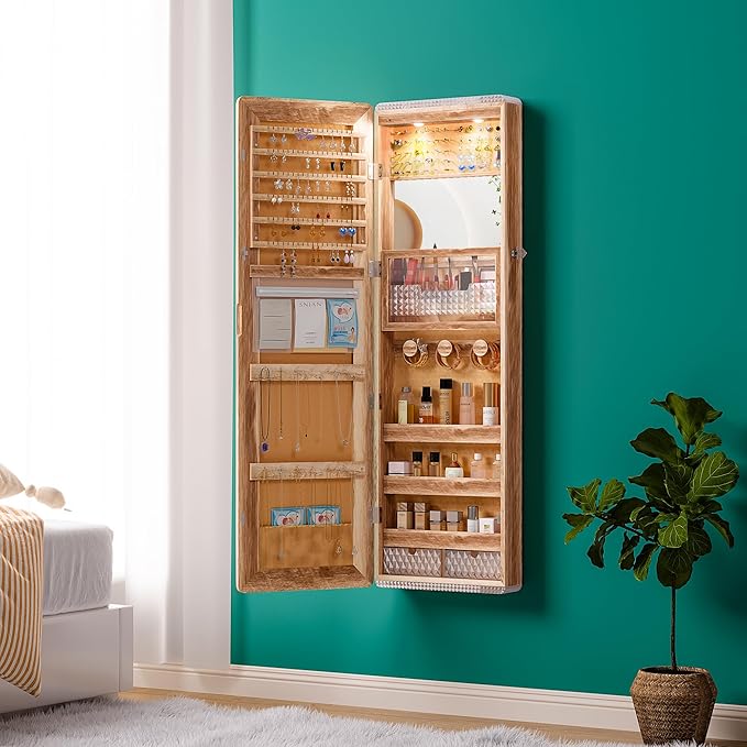 HNEBC LED Mirror Jewelry Cabinet,47.2" Wall Mounted Jewelry Organizer with Full-Length Mirror,Over The Door Hanging Jewelry Armoire Storage Cabinet,Folding Dresser,2 Drawers,Lockable, 3 Shelves(Wood)