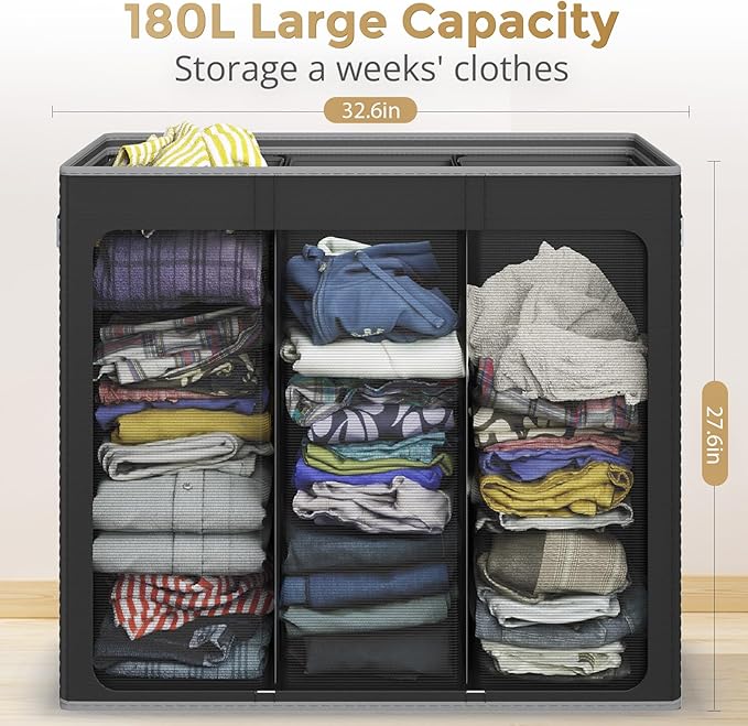 180L Laundry Hamper 3 Section, Large Laundry Basket with Lid, Laundry Basket Organizer with Handles, Black Divided Laundry Baskets, Clothes Hampers for Laundry, Bedroom, Bathroom