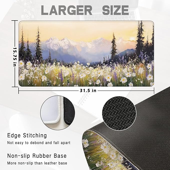 Vintage Watercolor Floral Large Mouse Pad 31.5x15.7inch, Retro Nature Cottagecore Flower Large Extended Computer Desk Mat Mousepad for Keyboard and Mouse, Floral Desk Accessories