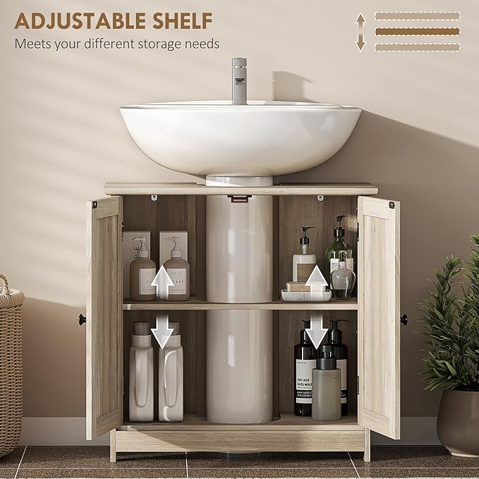 HOMCOM Under Sink Bathroom Cabinet, Pedestal Sink Storage Cabinet with 2 Doors, Shelf and U-Shape, Weathered Gray Oak