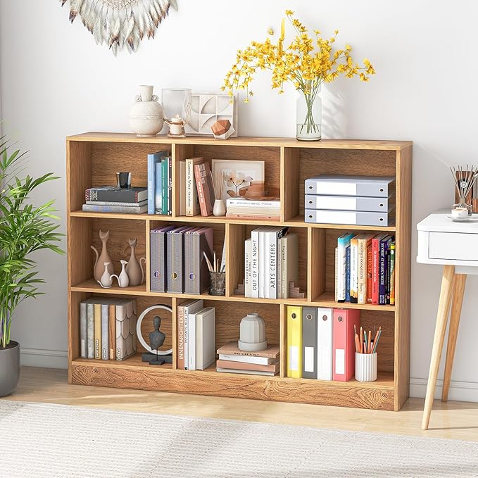 Giantex 10 Cube Bookcase, 4-Tier Freestanding Bookshelf w/ 10 Open Compartments, 2 Anti-Tipping Kits, Modern Display Cabinet, 41" Wood Cubby Storage Organizer for Living Room, Bedroom, Natural