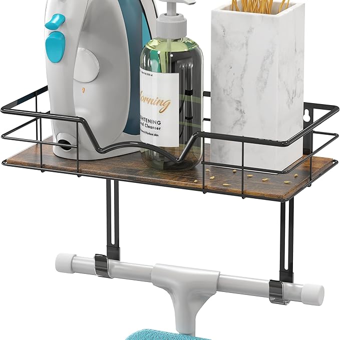 Simple Houseware Wall Mount Ironing Board Holder with Hanger Storage Shelf, Black