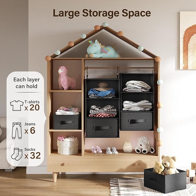 Pipishell 6-Shelf Hanging Closet Organizer, Hanging Shelves with 2 Separable 3-Tier Shelves, Closet Shelves Organizer with 3 Removable Drawers for Wardrobe, Nursery, Baby Clothes, Black