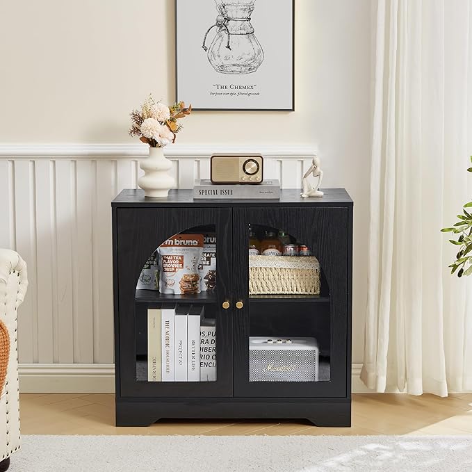Mid-Century Modern Storage Cabinet with Door, 27" Short Floor Wood Sideboard Buffet Cabinet with Display Arched Acrylic Door & Adjustable Shelve for Bathroom, Living Room, Coofee Bar (Black)