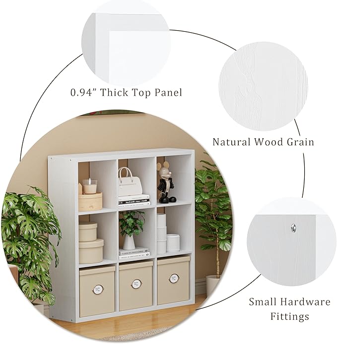 Cube Storage Organizer Bookcase, Decorative 11 inch Open Back Cubical Shelf with Thickened Border, Display Bookshelf for Living Room, Home Office, Sturdy Room (White, 9 Cube)