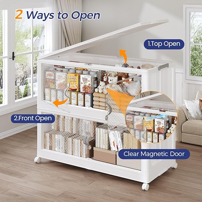 480QT Extra Large Stackable Storage Bins with Lid & Wheels & Doors, 120Gal Foldable Collapsible Closet Organizers, Plastic Cabinet Box Container Drawer for Home Kitchen Bedroom, 4Pack White