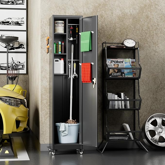 Aobabo 72" H Garage Storage Cabinet with Wheels, Broom Closet Lockable Metal Cleaning Tool Cabinet with Hooks, for Cleaning Supplies Broom mops, Assembly Required, Black