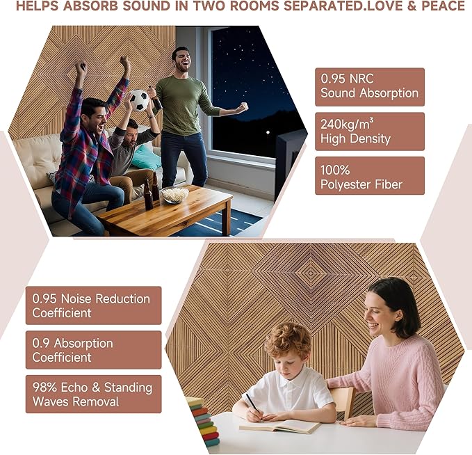 TO-TH Acoustic Wall Panels,6 Pack Total Size 72 x 48 Inches,Self-Adhesive Decorative Acoustic Panels for Wall and Ceiling,3D UV Printing with Wood Look,Beech