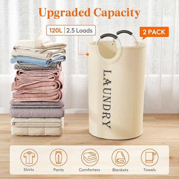Lifewit 120L 2-Pack Large Laundry Basket, Collapsible Laundry Hamper with Aluminum Handles, Waterproof Freestanding Dirty Clothes Hampers for Laundry Room Bedroom Dorm Bathroom, White