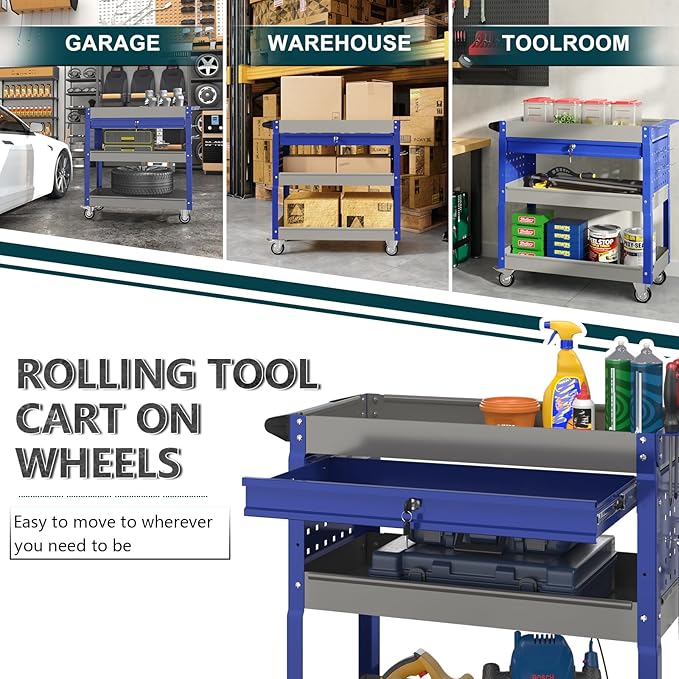 3 Tier Rolling Tool Cart on Wheels with Locking Drawer - Metal Service Cart Industrial Utility Cart for Mechanic - 350 LBS Mobile Storage Organizer for Garage. (Gray-Blue)