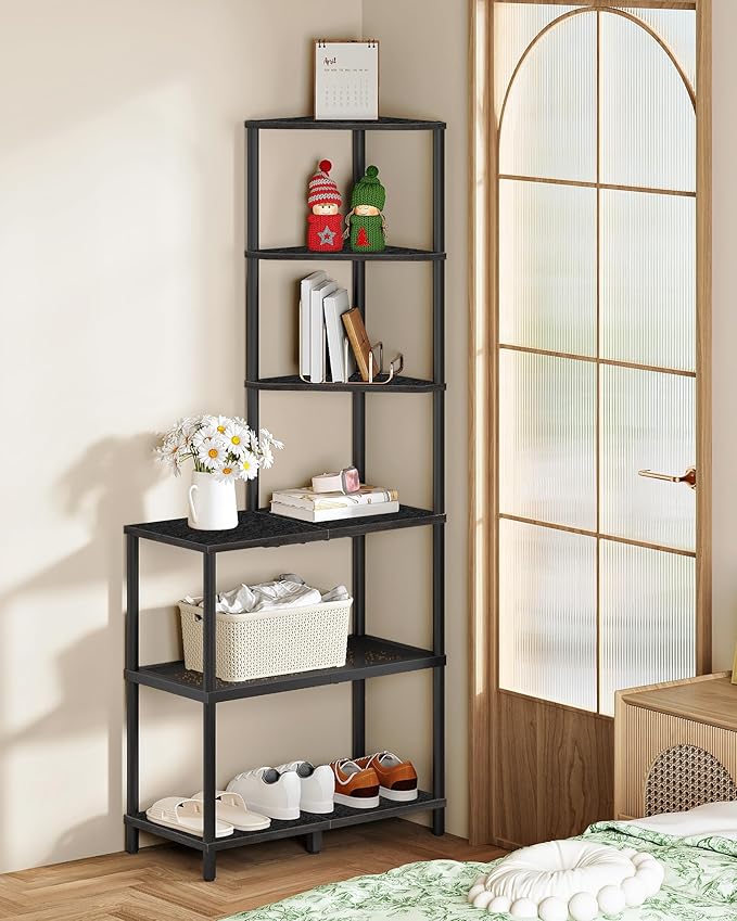 6-Tier Corner Shelf, Industrial Corner Bookshelf with Desk Top, Diamond-Shaped Storage Shelves, Display Stand for Small Spaces, Living Room, Home Office, Foyer, Black TCJ70BB