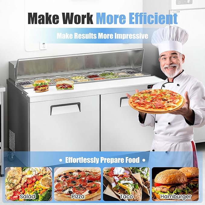 60" W Commercial Refrigerator Sandwich Salad Prep Table, Stainless Steel 2-Door Sandwich Prep Table Refrigerator, Counter Fan Cooling Refrigerator with 16 Pans for Restaurant, Bar