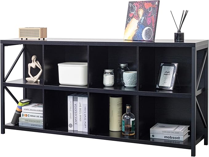 otlectics 2-Tier Bookcase with 8 Cubes, 63 Inch Industrial Horizontal Bookshelf, Home Office Storage Cabinet Organizer with Metal Legs, Black