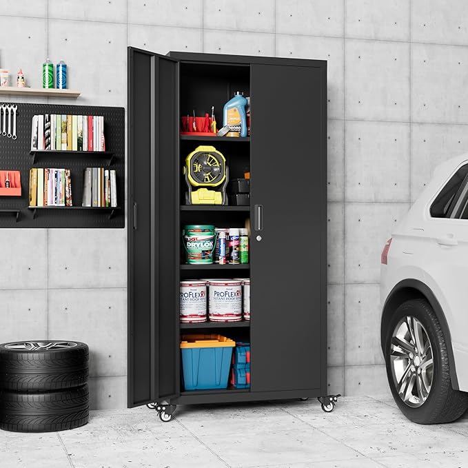 Aobabo 73" H Metal Storage Cabinet with Wheels for Garage, Rolling Tool Cabinet with 4 Shelves, for Home Office, Black, Assembly Required
