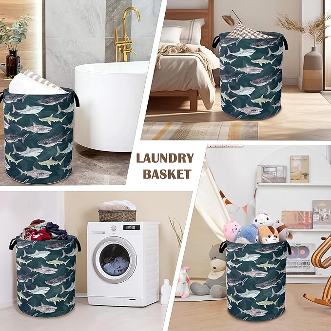 Cute Shark Collapsible Laundry Baskets,Laundry Hamper,Storage Basket with Handles for Bathroom Bedroom College Dormitory Living Room Nursery Organizer 16"x20"