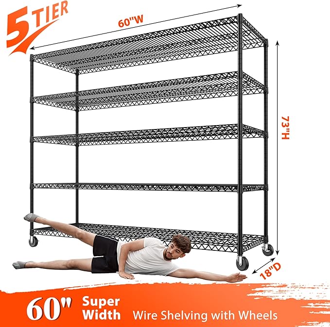 3200LBS Storage Shelves Wire Shelving with Wheels,Adjustable Garage Shelving Heavy Duty Steel Metal Shelving Unit Shelf Rack for Warehouses,Garage,Kitchen,School,Commercial,73" H X 60”W X 18" D