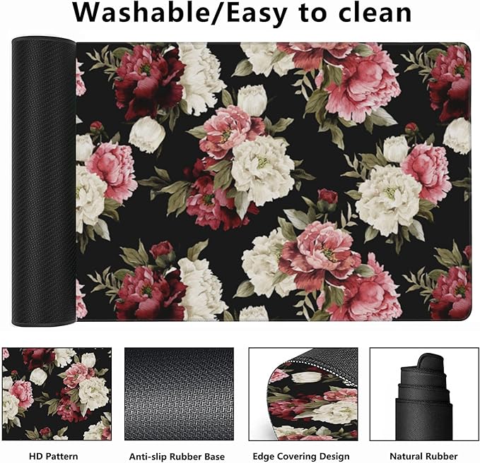 Desk Mat,Watercolor Peonies Floral Gaming Mouse Pad,XXL Extended Mouse Pad Mat for Office,Computer,Keyboard with Non-Slip Base Stitched Eges Mousepad 35.4x15.75 inch