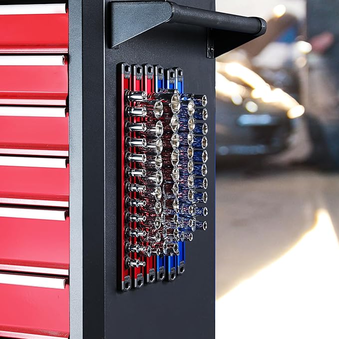 WORKPRO Magnetic Socket Organizer - 6-Piece Aluminum Alloy Socket Rail, Heavy Duty Socket Holder - Set: 1/4-Inch x 12 Clips, 3/8-Inch x 10 Clips, 1/2-Inch x 10 Clips