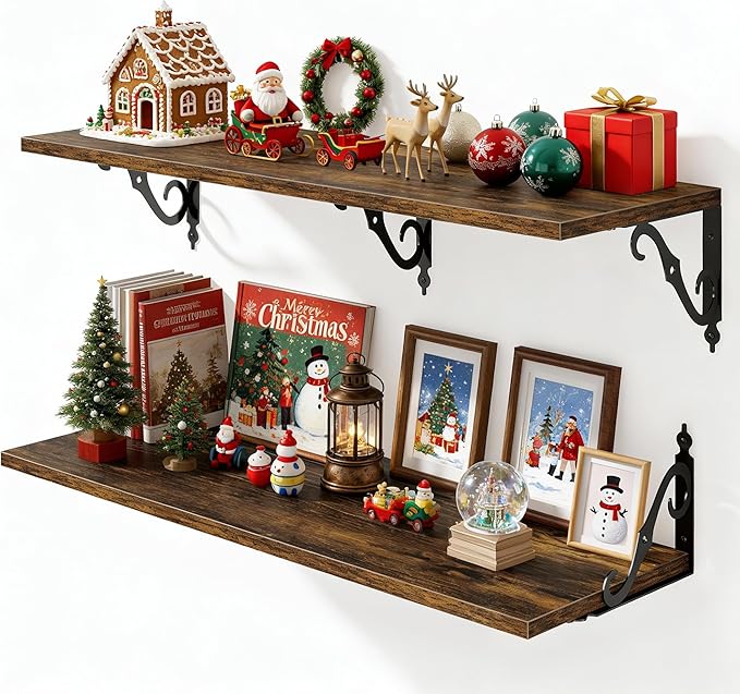 Fun Memories 36 Inches Floating Shelves, Rustic Long Wall Shelves, 12 Inch Deep Book Shelf Wall Mounted, Wide Display & Storage Shelves for Living Room, Bathroom, Bedroom, Rustic Brown, Set of 2