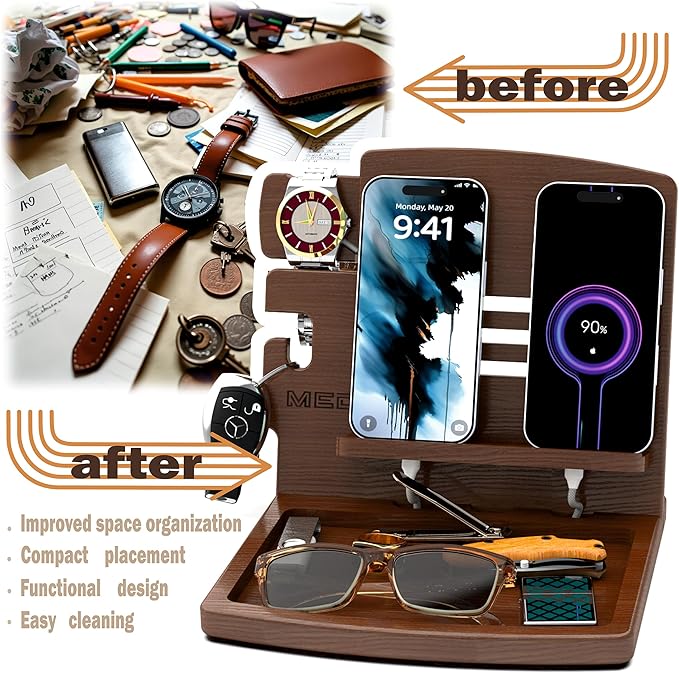 MED Wood Phone Docking Station – Nightstand Desk Organizer for Phone, Watch, Wallet & Tablet – Gift for Men, Husband, Dad & Women – Wooden Charging Stand (Dark Walnut, Model 1)