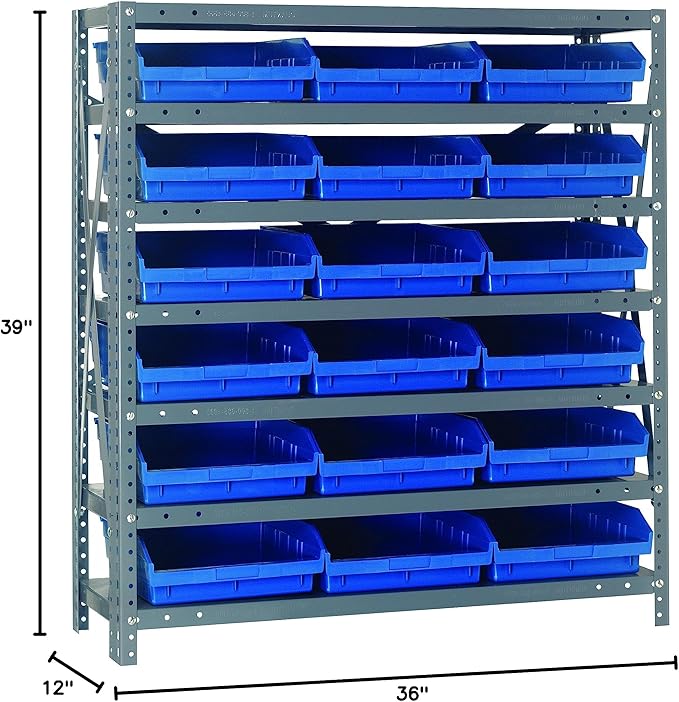 Quantum Storage Systems 1239-109BL Steel Shelving Unit with 4" Shelf Bins, 12" D x 36" W x 39" H, Blue