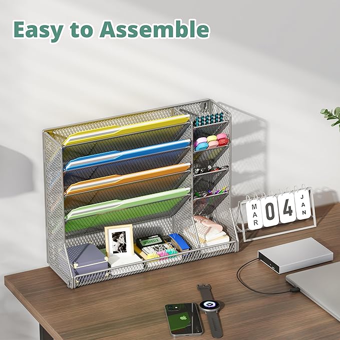 File Organizer Wall Mounted 4 Tiers Durable Adjustable Metal Vertical Hanging With 4 Pen Slots Stable R-shaped Bottom 4 Pull-out Devider to Sort File, Mail, Newspaper,Pen, Suitable for Office, Silver
