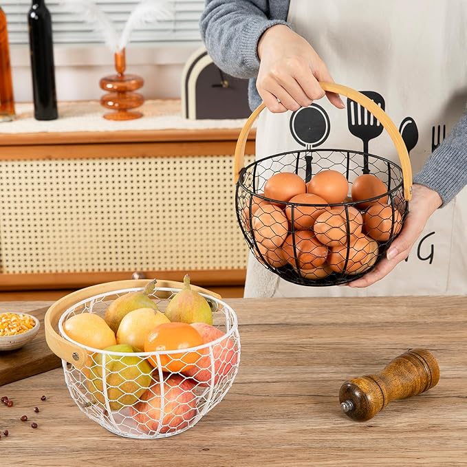 Farmhouse Wire Egg Basket for Gathering Fresh Eggs with Wooden Handle, Vintage Style Metal Egg Collecting Basket Countertop Storage Container Holder for Kitchen Decor and Fruit Bin (White)