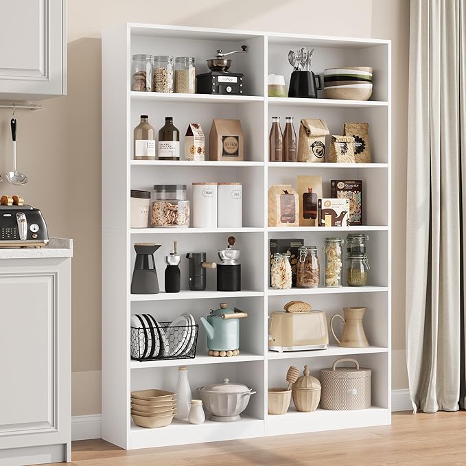 FACBOTALL Bookshelf and Bookcase, 6-Tier Double Wide Bookshelves,Freestanding Display Storage Shelves, Tall Bookcases for Home Decor Bedroom, Living Room, Home Office,White
