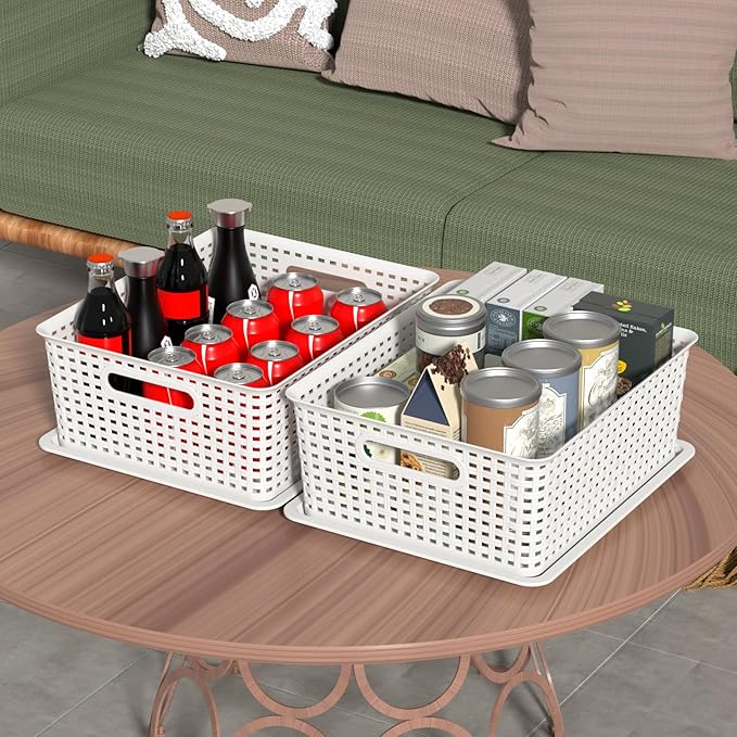 Hespama 6-Pack Plastic Weave Storage Basket with Lid, Stackable Organizer Basket, White