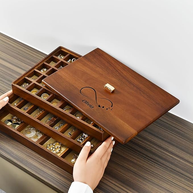 Shanik Custom Engraved Jewelry Box for Women – 3-Tier Stacked Organizer with Rearrangeable Grid Slots for Rings, Necklaces & Earrings