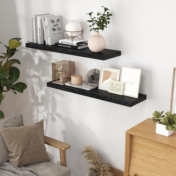 Fun Memories 40 Inch Floating Shelves Black, 40" W x 9.3" D Floating Shelf Set of 2, Farmhouse Wood Wall Shelves for Bedroom, Kitchen, Wall Mounted Deep Shelving for Home Decor