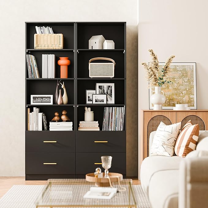 Cozy Castle 74.1'' Bookshelf,Tall Bookcase with Drawers, 4-Tier Open Bookshelf with Adjustable Storage Shelves,23.6 Inches Wide Floor Standing Bookcase for Home Office,Bedroom,Living Room,Black