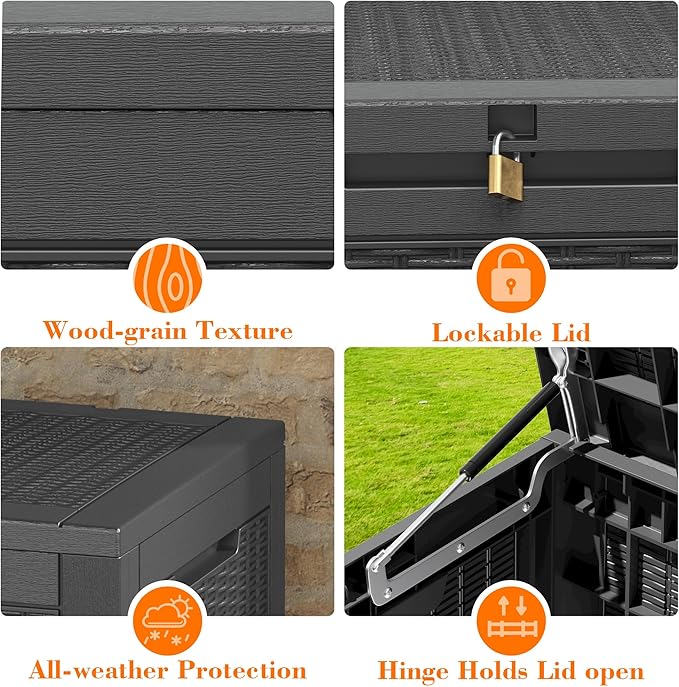 100 Gallon Outdoor Storage Box Waterproof, Resin Deck Box Doubles as 2-Person Bench Seat, Lockable Patio Storage Boxes Outdoor Waterproof for Furniture, Gardening Tools, Black
