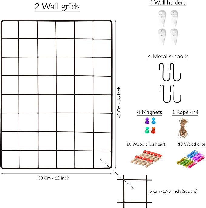 2 Pack Wire Wall Grid Panel | Photos & Pictures Display Grid Wall Panels | Black, Magnetic & Metal Grid | Photo Grid | Grid Wire Board | Hanging Home, Office & Kitchen Decor