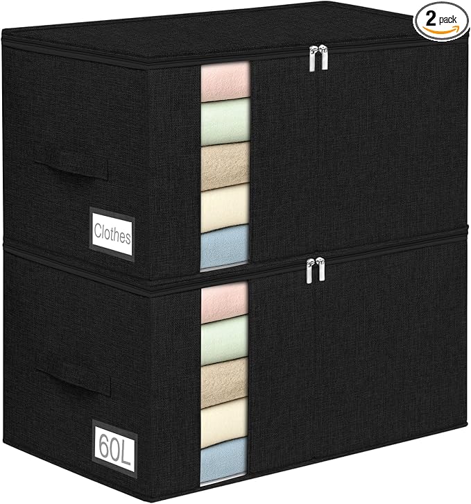60L Comforter Storage Bag, Sturdy Construction Blanket Storage Bin with Durable Handles, Storage Bags for Clothes with Dual Zipper for Sheet Quilt Sweater Bedding Pillow, Black