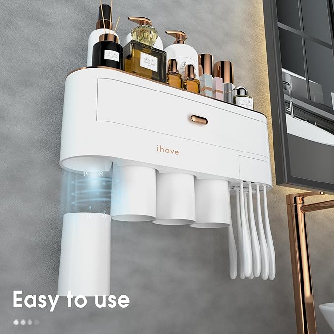 iHave Toothbrush Holders for Bathrooms - Upgrade Wall Mounted Toothbrush Holder with Toothpaste Dispenser - 4 Cups